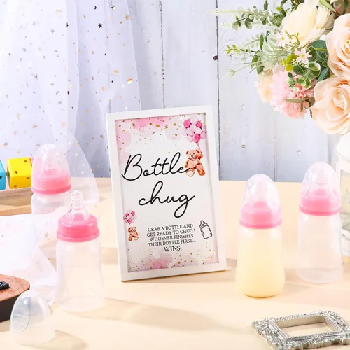 Miniatura 4 de Roowest Bottle Chug Baby Shower Games Favores que incluyen 18 botellas con 1 botella de chug de madera para revelación de género, suministros de Rosa