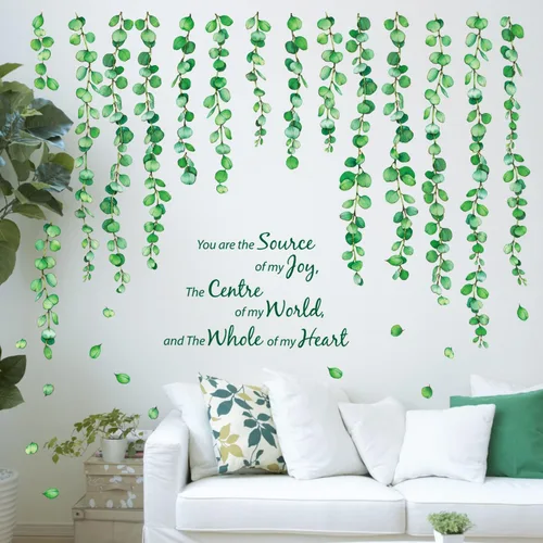DECOWALL Calcomanías de pared de vid de eucalipto, calcomanías de pared botánicas de hojas verdes para decoración de guardería, dormitorio y sala de