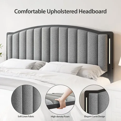 Miniatura 3 de Cabecera para cama tamaño Queen con luces LED, cabecero tapizado de canal vertical acolchonado, cabecera de cama de tela de lino, marco de fijación