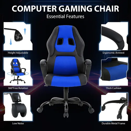 Miniatura 7 de Massage Gaming Chair – Ergonomic Office Desk Chair with Recline Function, PU Leather & Breathable Design, Lumbar Pillow, Adjustable Height, 360° Blue