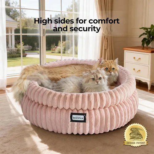 Miniatura 2 de BALANCE Cama para gatos, cama redonda lavable para gatos de interior, cama de felpa súper suave de piel sintética para cachorros y gatitos con parte