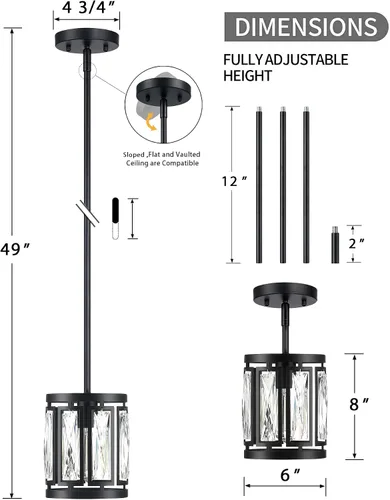 Miniatura 2 de Lámpara colgante de cristal con pantalla de tambor negra mate, araña de 2 paquetes para isla de cocina, luces de techo modernas para sala de estar