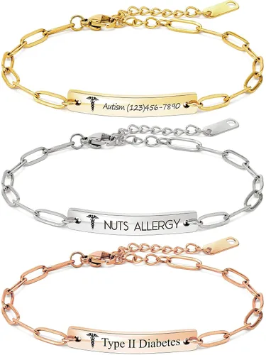 Medical ID Bracelet for Women Personalized Medical Alert Engraved Diabetic Autism Awareness Bracelet Custom Paperclip Chain Jewelry Prescription