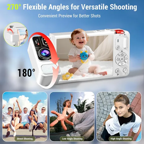 Miniatura 2 de Cámara digital, cámaras 4K de 64 MP para fotografía, pantalla abatible de 270°, enfoque automático, flash, zoom 18X, 2 baterías, tarjeta de 64 GB
