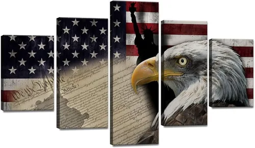 Miniatura 42 de Arte de pared de concepto patriótico, pintura de bandera estadounidense y británica, lienzo de estrellas y rayas, 5 paneles, arte moderno americano