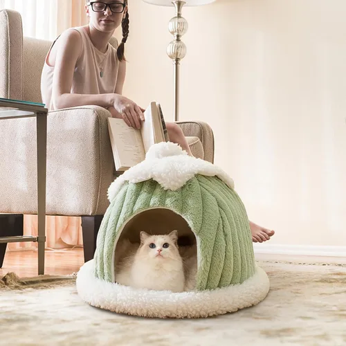 Miniatura 7 de Cama tipo cueva para gatos, bonita casa de gato de dibujos animados, tienda de campaña pequeña con almohada extraíble lavable, cama cálida para Verde
