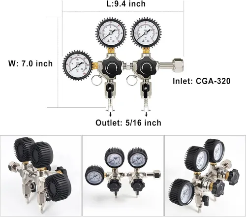 Miniatura 2 de FERRODAY Regulador de CO2 de dos sistemas, cuerpo de latón resistente, válvula de bola, cubierta de silicona, medidores individuales para presión
