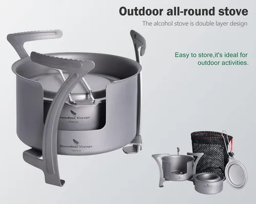 Miniatura 6 de Boundless Voyage Estufa de alcohol de titanio con cubierta contra incendios, estufa de leña al aire libre con soportes, para camping, Juego