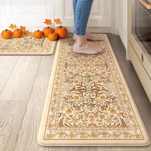 Miniatura 22 de Collive Tapete Anti Fatiga para Piso de Cocina, Tapetes de Cocina con Diseño Floral Primaveral para Piso Juego de 2, Alfombras para Fregadero Beige