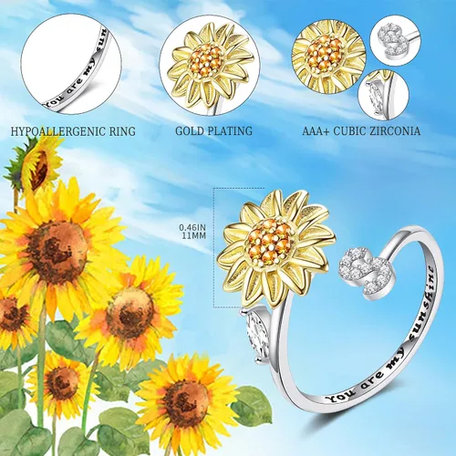 Miniatura 4 de Anillos antiestrés para aliviar la ansiedad Anillo giratorio de letra inicial de girasol, anillo abierto ajustable con diseño de circonita cúbica