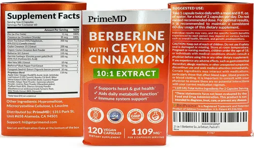 Miniatura 10 de Suplemento de berberina 21 en 1 con canela de Ceilán con cromo, melón amargo y extracto de té verde y extracto de pimienta negra 5X para apoyo