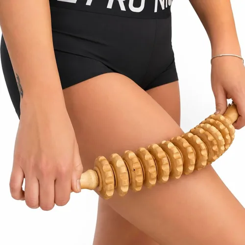 Rodillo de masaje de madera. Diseño curvado para apuntar a diferentes áreas del cuerpo. Alivia la tensión muscular + mejora la circulación + reduce