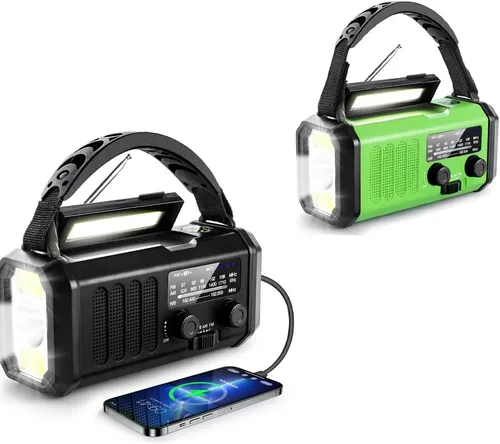 Radio de emergencia con manivela de 10000 mAh, radio meteorológica NOAA con radio AM/FM y solar, batería recargable, linterna y luz de lectura,