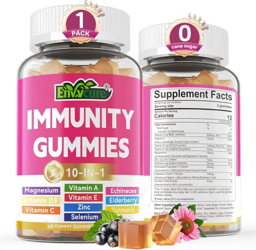 Gomitas de suplemento de apoyo inmunológico 10 en 1, con equinácea, saúco, vitamina C y zinc, selenio, vitamina D3 5000IU, magnesio, multivitamínico