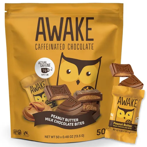 Miniatura 11 de AWAKE - Bocaditos de chocolate con cafeína - Chocolate con leche crujiente, 50 piezas - 50 mg de cafeína - Dulces envueltos individualmente