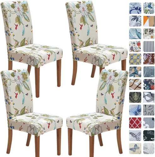 Miniatura 13 de SPRINGRICO Paquete de 6 fundas blancas para sillas de comedor, fundas elásticas para sillas de comedor con diseño floral, de elastano lavable