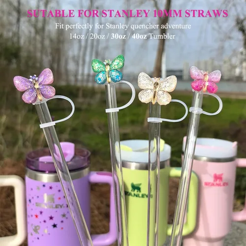 Miniatura 2 de Cubiertas de Pajitas de Mariposa con Purpurina - 4 Piezas de Adornos de Pajitas Bling para Vasos Stanley Quencher H2.0 de 30oz y 40oz, 10mm