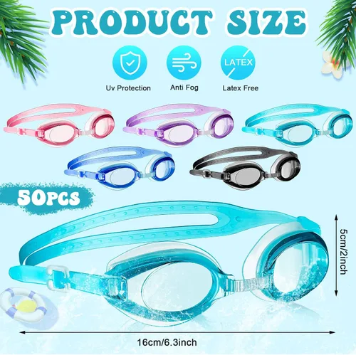 Miniatura 2 de Hoteam 50 gafas de natación a granel para niños con 8 tapones de nariz con clip para los oídos, sin fugas, antiniebla, gafas de natación