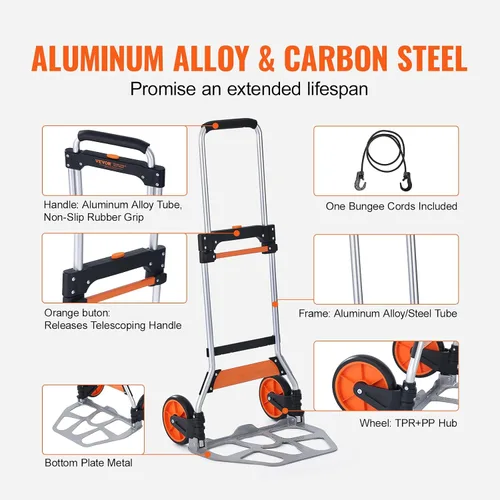 Miniatura 5 de VEVOR Camión de Mano Plegable y Dolly, Capacidad de 275 Libras, Carro Plegable de Aluminio, Carrito de Equipaje de Alta Resistencia con Mango