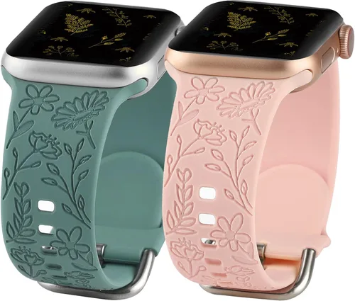 Miniatura 16 de Paquete de 2 correas deportivas grabadas con flores compatibles con correas de Apple Watch de 1.496 pulgadas, 1.575 pulgadas, 1.614 pulgadas