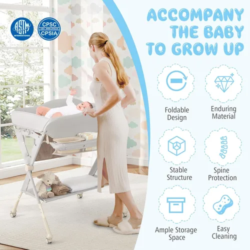 Miniatura 9 de BABY JOY Cambiador portátil para bebé, estación de cambio de pañales plegable con ruedas, altura ajustable, estante de almacenamiento grande, lavabo