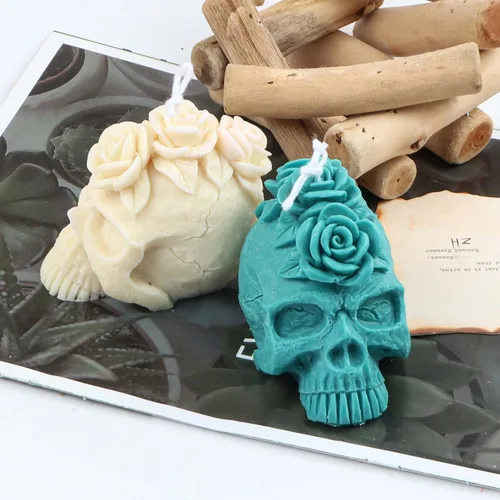 Miniatura 4 de Grainrain Molde de vela de silicona 3D con diseño de cráneo y rosa, molde de vela pilar decorado, moldes de silicona hechos a mano para hacer velas
