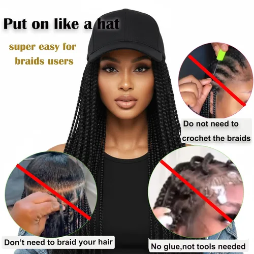 Miniatura 6 de Gorra con peluca para mujeres con gorra de béisbol con cabello trenzado adjunto, peluca de trenzas en caja sintética, gorra ajustable negra con 1b