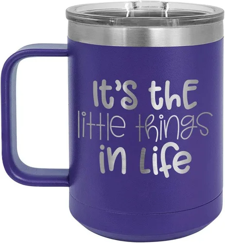 Taza de café con tapa deslizante de 15 onzas, con texto en inglés "It's the little things in life" | Taza de café de viaje aislada | Ideas de regalo