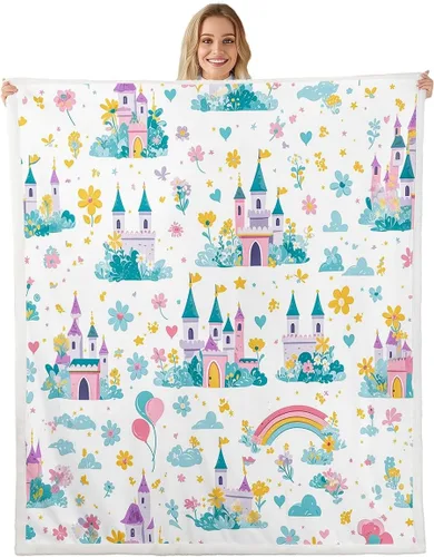 Miniatura 14 de Princess Flannel Blanket All Seasons,Rainbow Cloud Stars Butterfly Bed Blanket for Kawaii Home Decor,Dreamy Fairy Tale Castle Blanket for Kids Girls