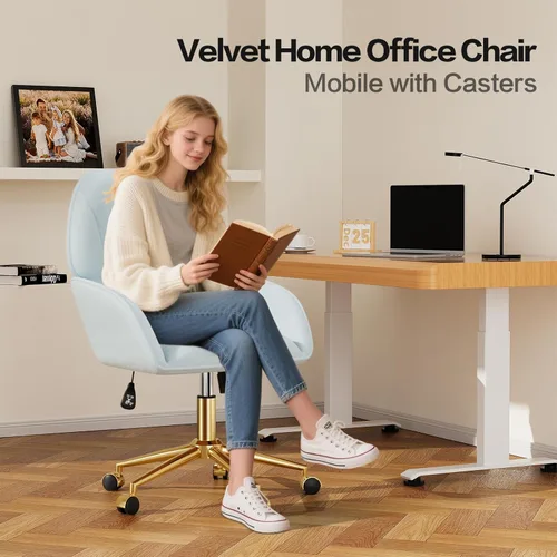 Miniatura 4 de Silla de escritorio para oficina en casa cómoda con ruedas ajustables giratorias, silla moderna de terciopelo para maquillaje con respaldo y Azul