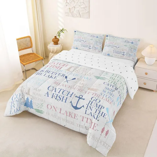 Miniatura 7 de Juego de edredón Lake House tamaño Twin, juego de ropa de cama náutica de navegación con ancla de 2 piezas para decoración de habitación de niños