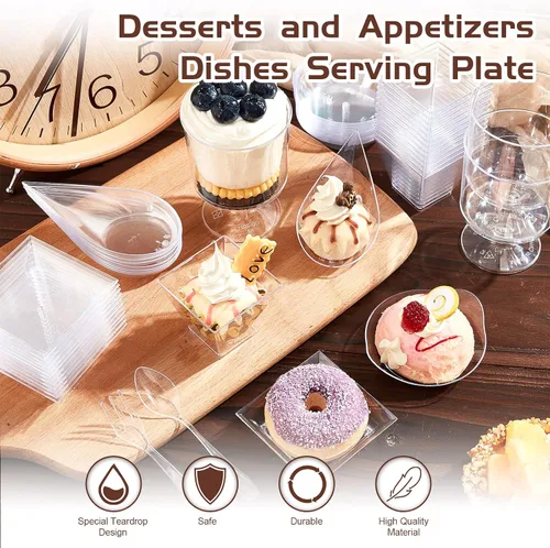 Miniatura 4 de Tessco for you Juego de 1600 mini platos de aperitivo, tazas de postre, tazas de plástico para parfait de formas variadas con cucharas desechables