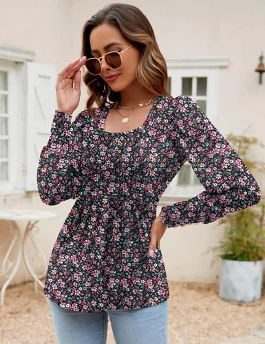 Miniatura 4 de ZHENWEI Blusa tipo túnica con cuello cuadrado para mujer, manga larga, plisada, holgada, con puños con botones, blusa casual de moda