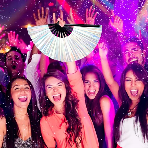 Miniatura 6 de 2 abanicos de mano plegables holográficos, grandes abanicos iridiscentes con varillas de bambú para hombres y mujeres, ventilador decorativo de mano