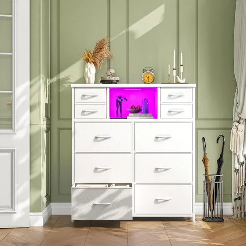 Miniatura 2 de Romorgniz - Cómoda blanca para dormitorio con 10 cajones con luz LED y toma de corriente, cómodas de tela y cómoda con estantes abiertos para Blanco