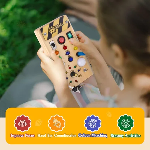 Miniatura 5 de Hoarosall Montessori Tablero de madera con 8 interruptores de luz LED, juguetes sensoriales, interruptor de luz, juguetes de viaje para bebés de 1