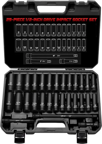 Juego de llaves de impacto de 1/2 pulgada, 29 piezas, acero Cr-V-M, cubos profundos SAE (3/8" - 1") y tamaños métricos (10-24 mm), con barra de