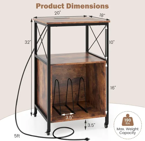 Miniatura 5 de LOKO Soporte rodante para tocadiscos de 3 niveles, soporte giratorio móvil con toma de corriente, estante abierto y divisores, marco de metal, mesa
