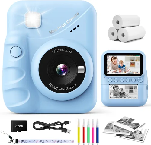 Cámara para niños, impresión instantánea, pantalla de 3.0 pulgadas, cámara instantánea de foto de 48 MP para niños con tarjeta de 32 GB, juguete