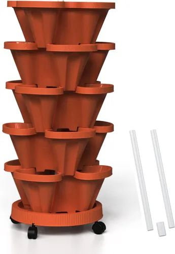 Miniatura 32 de Macetas verticales de fresa, paquete de 2 unidades, torre apilable de 5 niveles con poste de soporte, macetas apilables para hierbas y verduras