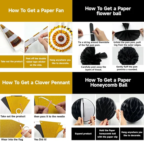 Miniatura 7 de 24 decoraciones de fiesta negras y doradas, abanicos de papel, guirnaldas de pompones de panal, suministros colgantes reutilizables para graduación
