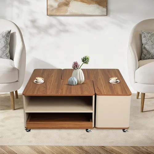 Miniatura 3 de Mesa de centro de granja con almacenamiento, mesa auxiliar rectangular de forma ajustable, mesa central con 8 ruedas y 2 cajones, mesa de centro