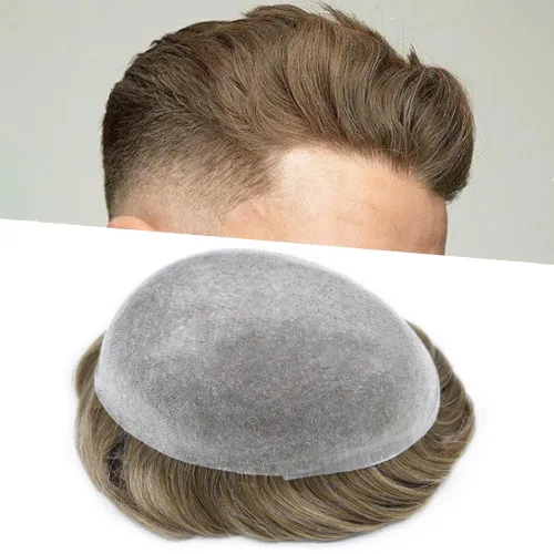 Miniatura 64 de Tupé de piel ultrafina para hombres Piezas de pelo Sistema de reemplazo Real Cabello humano Piezas para hombres Toupee Protesis Capilar Para Hombre