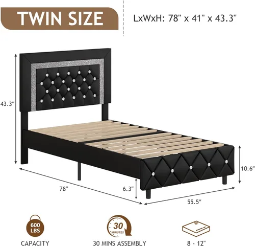 Miniatura 2 de Base de cama individual, plataforma de piel sintética con cabecera tapizada de diamante, base de colchón con fuerte soporte de listones de madera