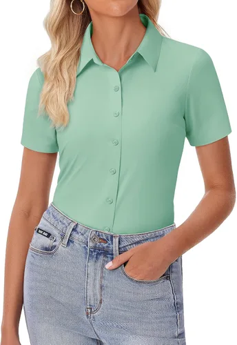 Miniatura 12 de siliteelon Camisa de vestir con botones para mujer, ajustada, elástica, de manga corta, sin arrugas, sólida, formal, para el trabajo