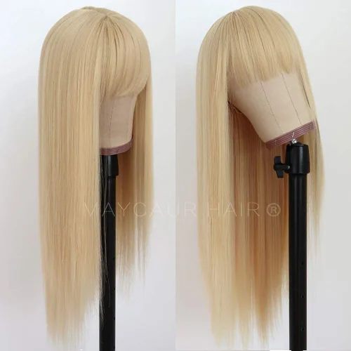Miniatura 4 de Maycaur Pelucas de cabello sintético de color rubio con flequillo completo #613, color largo y liso, resistente al calor, pelucas sin encaje