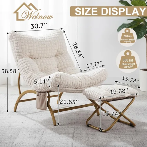Miniatura 3 de Welnow Silla perezosa beige con otomana, silla de lectura de gran tamaño para adultos, silla de descanso acolchada suave para sala de estar