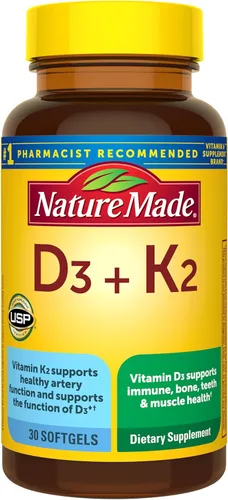 Nature Made Suplemento de Vitamina D3 K2, 5000 UI (125 mcg) Vitamina D para Huesos, Dientes, Músculos y Apoyo Inmunológico, 30 Cápsulas Blandas de