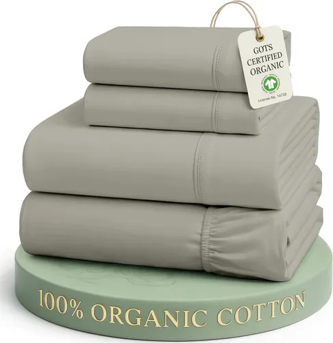 LANE LINEN Juego de sábanas tamaño King de 4 piezas, 100 % algodón orgánico puro tejido de percal de fibras largas, ropa de cama de algodón suave y