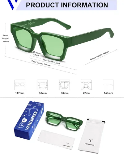 Miniatura 23 de VANLINKER Gafas de sol cuadradas gruesas para hombres y mujeres, retro, rectangulares, con protección UV400, VL9731